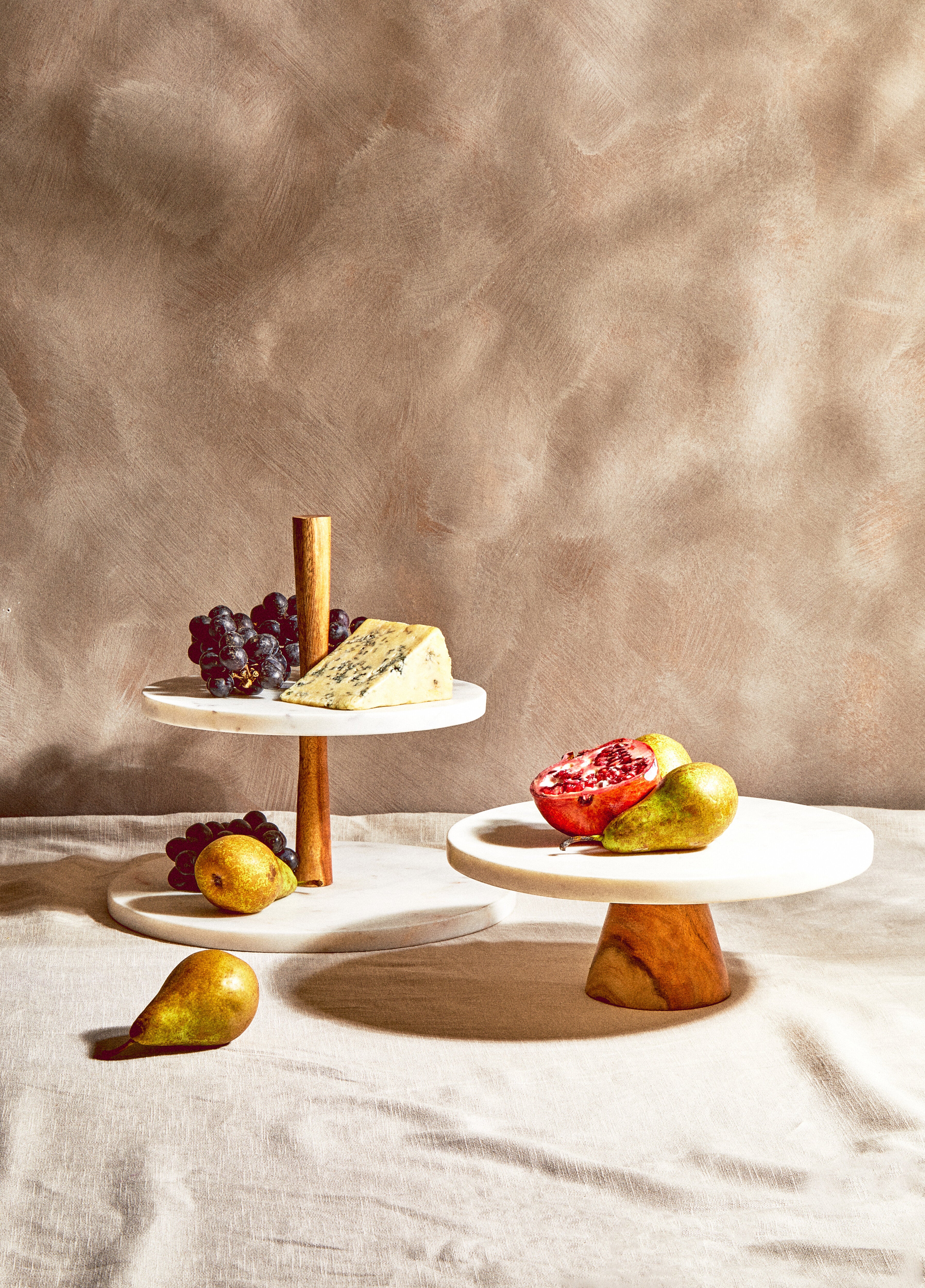Burano White Marble & Acacia Wood 2 Tier Cake Stand